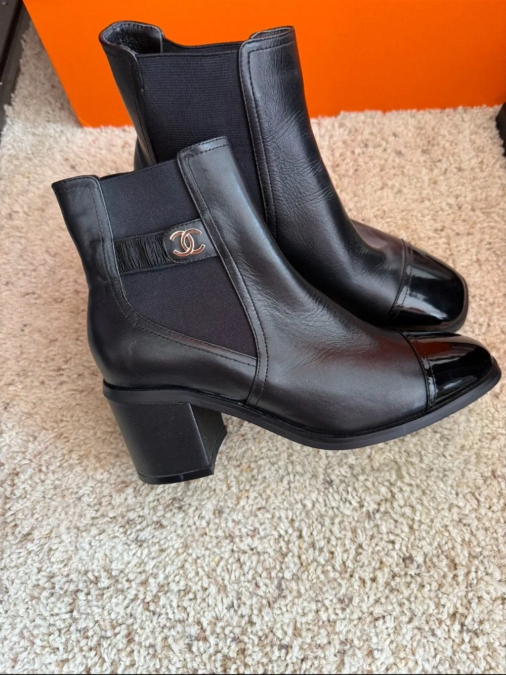 Black Leather Cap-Toe Ankle Boots with CC Logo - Picture 2 of 3